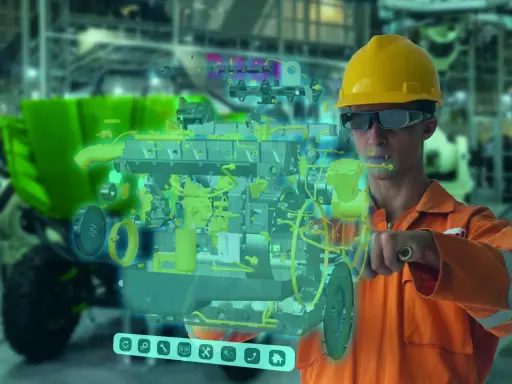 Ingeniero con gafas de realidad aumentada interactúa con un modelo 3D de motor, mostrando la innovación tecnológica en la industria.