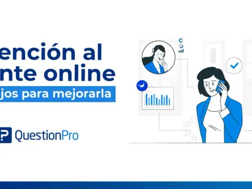 Ilustración sobre atención al cliente online, con consejos para mejorarla. Una mujer habla por teléfono, mientras un gráfico muestra métricas de satisfacción.