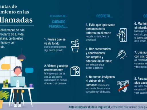 Infografía con pautas para videollamadas: cuida tu entorno, vístete, respeta la privacidad y el tema, no grabes, y mantén orden.