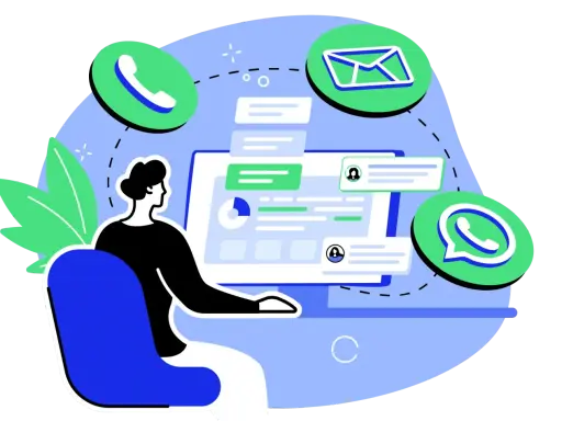 Persona trabajando en un ordenador con iconos de comunicación flotando. El software de desarrollo permite la conexión.