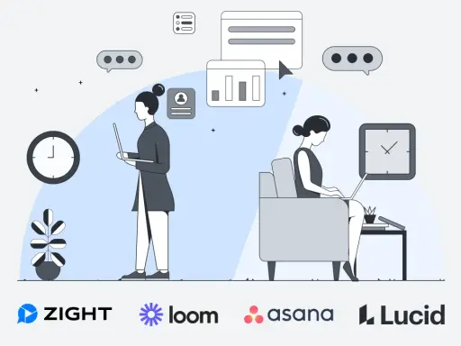 Dos personas trabajando en sus laptops, una de pie y otra sentada, con iconos de chat y gráficos, ilustrando la **comunicación asíncrona** y la eficiencia.