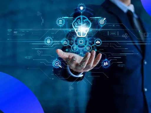 Un hombre con traje sostiene una red de iconos digitales que representan el **programa transformación digital**, con una bombilla de IA en el centro.