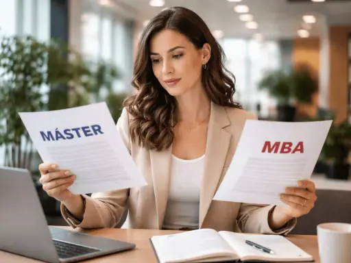 Mujer joven compara documentos de Máster y MBA, decidiendo su futuro académico y profesional.