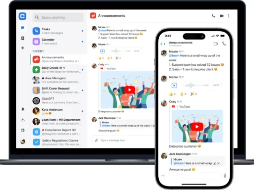 Interfaz de chat interno de empresa con mensajes, videos y notificaciones.