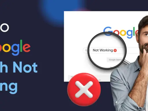 Hombre pensativo ante un buscador Google con "Not Working" y un símbolo de error. Soluciones para la búsqueda empresarial.