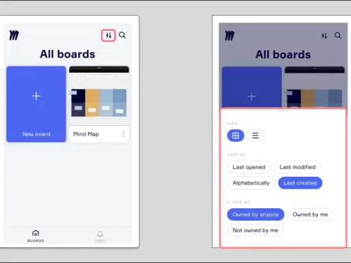 Pantalla de la miro app mostrando "All boards" con opciones de vista, ordenación y filtrado.