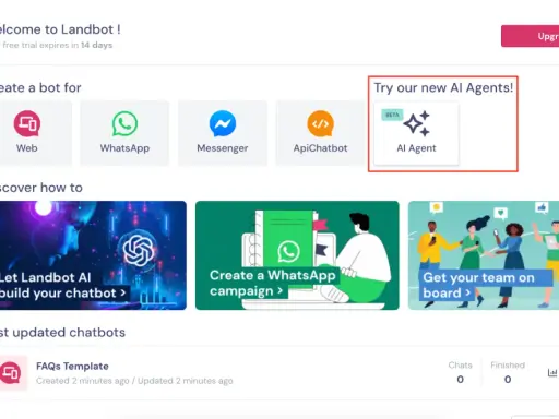 Panel de control de Landbot.io con opción para crear bots y probar nuevos Agentes de IA.