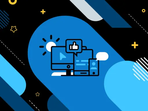 Ilustración de dispositivos (computadora, tablet, móvil) con iconos de redes sociales, representando la comunicación sincrono vs asincrono.