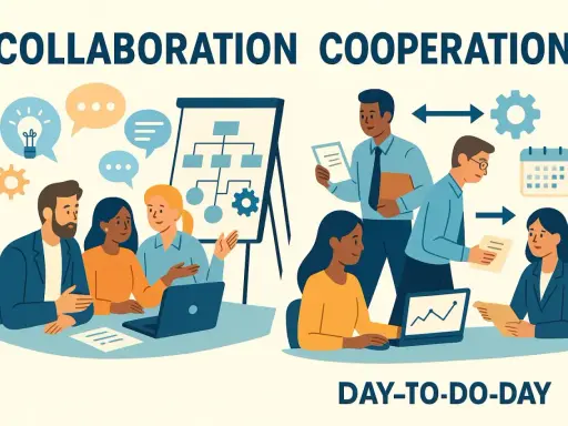 Ilustración de **trabajo cooperativo y colaborativo** en equipo, con personas discutiendo ideas, presentando proyectos y trabajando juntas en el día a día.