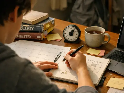 Estudiante planifica sus **trabajos mientras estudia**, rodeado de libros, un temporizador y una taza de té.