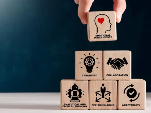 Bloques de madera apilados muestran habilidades blandas: inteligencia emocional, creatividad, colaboración, pensamiento analítico, toma de decisiones y adaptabilidad.