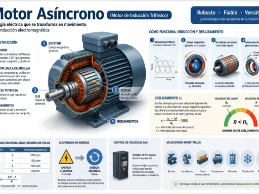 Motor asíncrono con rotor y estator, mostrando el campo magnético giratorio y la inducción. El deslizamiento es clave para el funcionamiento sincrono y asincrono.