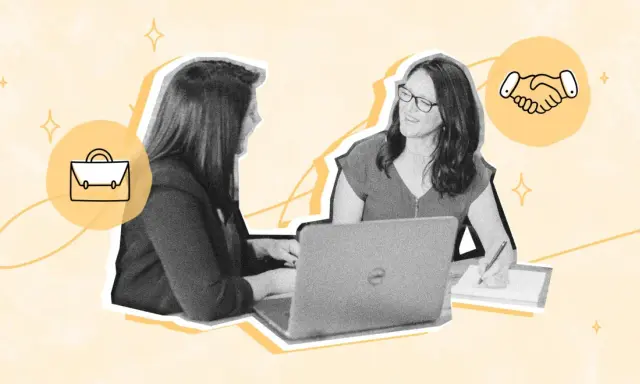 Dos mujeres discuten cómo hacer un contrato de trabajo en España, con iconos de maletín y apretón de manos.