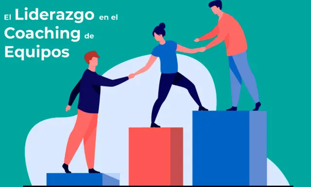 Ilustración de tres personas colaborando en escalones, simbolizando el liderazgo y coaching de equipos para alcanzar metas.
