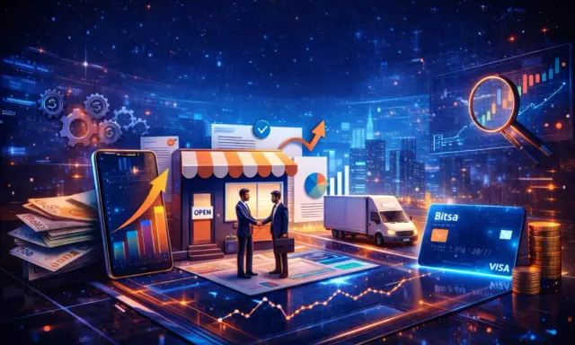 Dos hombres de negocios estrechan la mano frente a una tienda, simbolizando el futuro de los negocios con inteligencia artificial, con gráficos, dinero y una tarjeta de crédito.