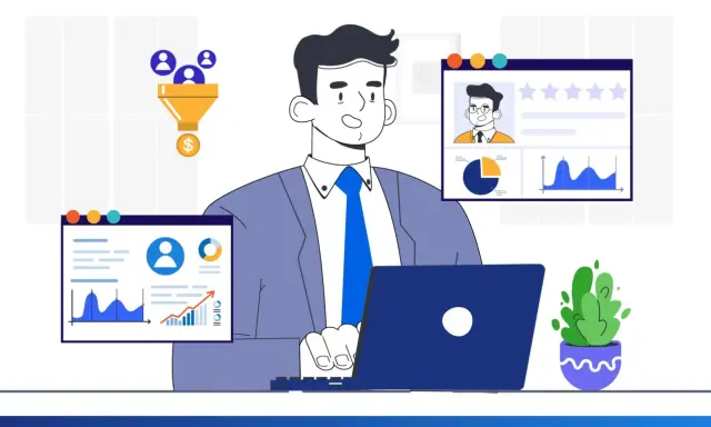 Hombre analizando datos de clientes en pantallas, con embudo de ventas y gráficos.