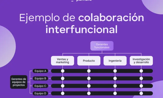 Diagrama que ilustra la **team collaboration** interfuncional, mostrando cómo los gerentes de equipos de proyectos interactúan con gerentes funcionales de ventas, producto, ingeniería e I+D.