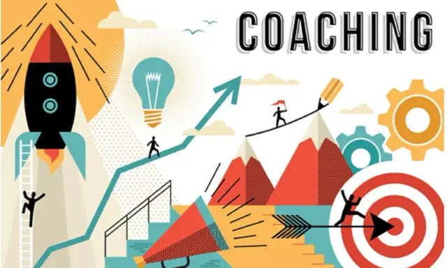 Coaching corporativo: cohete, bombilla, montañas y diana simbolizan el crecimiento y el éxito.