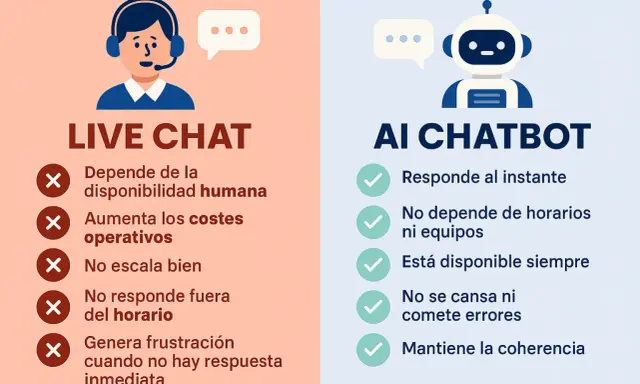Comparación entre Live Chat y AI Chatbot. El chatbot con inteligencia artificial ofrece respuestas instantáneas y disponibilidad constante, a diferencia del chat humano.