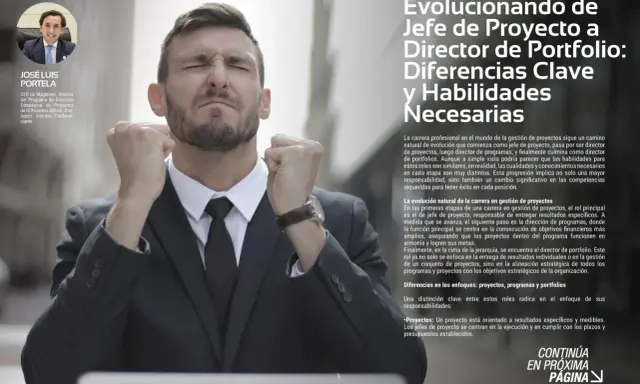 Hombre con puños cerrados, celebrando el éxito. El texto habla sobre las funciones de un encargado y la evolución profesional.