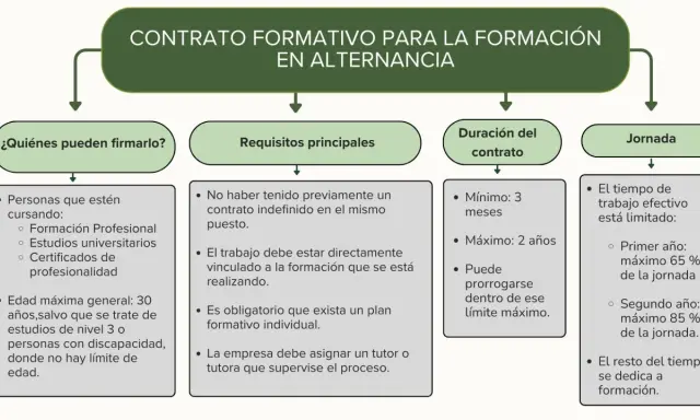 Diagrama sobre los tipos de contratos de prácticas formativas en alternancia: quiénes pueden firmarlos, requisitos, duración y jornada.