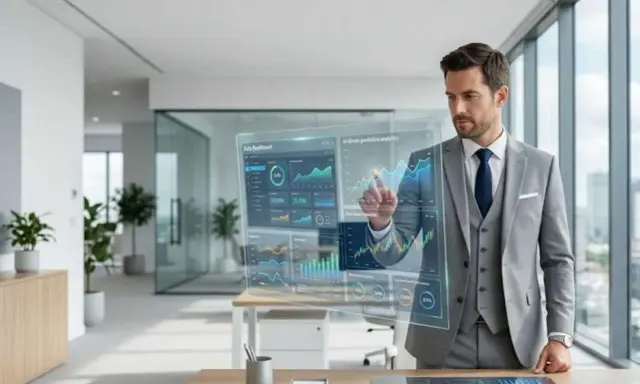 Hombre de negocios interactúa con un panel holográfico de datos, visualizando el futuro de su **global executive mba**.