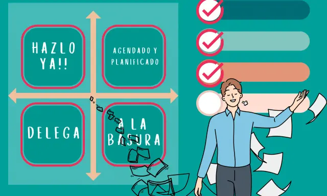 Un hombre feliz arroja papeles, mientras un diagrama muestra cómo escribir una agenda de reunión: hazlo ya, agendado y planificado, delega, a la basura.