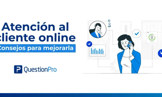 Ilustración sobre atención al cliente online, con consejos para mejorarla. Una mujer habla por teléfono, mientras un gráfico muestra métricas de satisfacción.