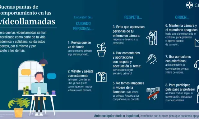 Infografía con pautas para videollamadas: cuida tu entorno, vístete, respeta la privacidad y el tema, no grabes, y mantén orden.