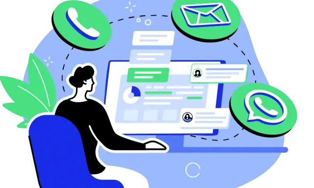 Persona trabajando en un ordenador con iconos de comunicación flotando. El software de desarrollo permite la conexión.