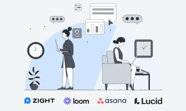 Dos personas trabajando en sus laptops, una de pie y otra sentada, con iconos de chat y gráficos, ilustrando la **comunicación asíncrona** y la eficiencia.