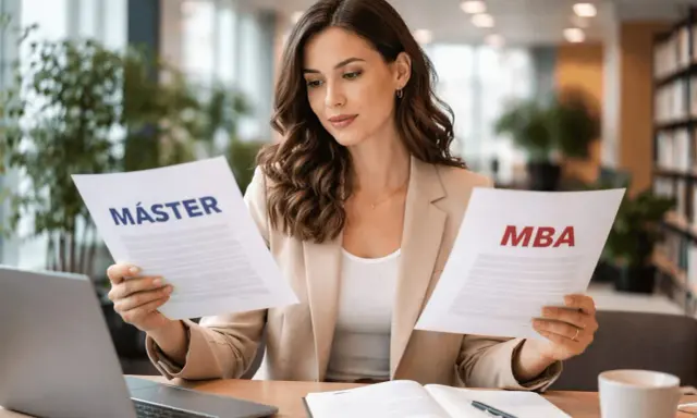 Mujer joven compara documentos de Máster y MBA, decidiendo su futuro académico y profesional.