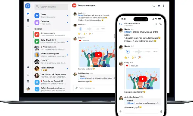 Interfaz de chat interno de empresa con mensajes, videos y notificaciones.
