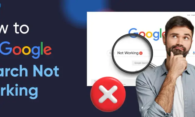 Hombre pensativo ante un buscador Google con "Not Working" y un símbolo de error. Soluciones para la búsqueda empresarial.