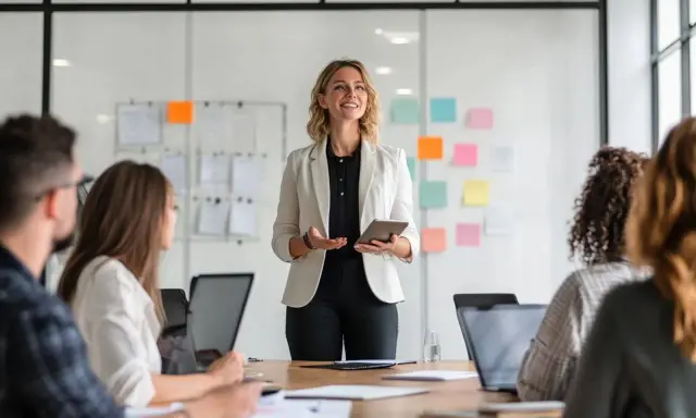 Mujer liderando reunión, explicando ideas para la gestión de equipos.