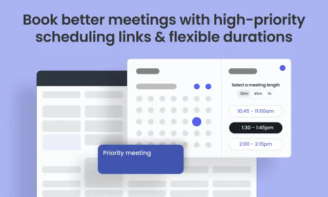 Interfaz de calendario para reservar reuniones. Permite seleccionar duración y hora, ayudando a **reclaim ai** tu tiempo.