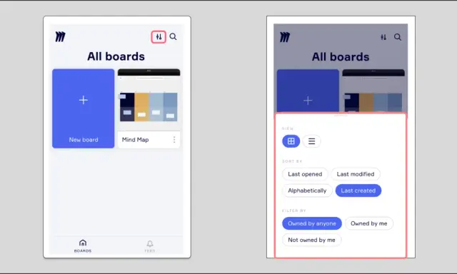 Pantalla de la miro app mostrando "All boards" con opciones de vista, ordenación y filtrado.