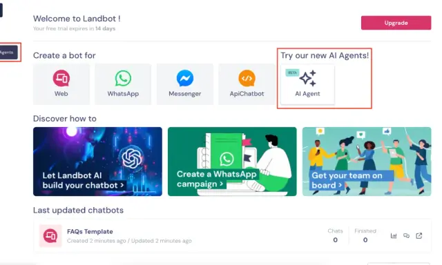 Panel de control de Landbot.io con opción para crear bots y probar nuevos Agentes de IA.
