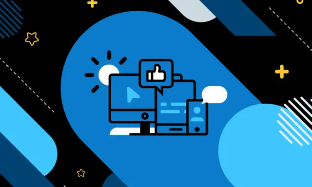 Ilustración de dispositivos (computadora, tablet, móvil) con iconos de redes sociales, representando la comunicación sincrono vs asincrono.