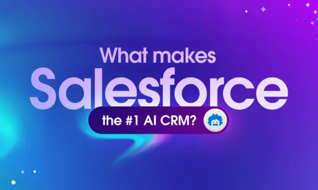 El logo de Salesforce, el CRM #1 con IA, se muestra sobre un fondo degradado azul y morado.