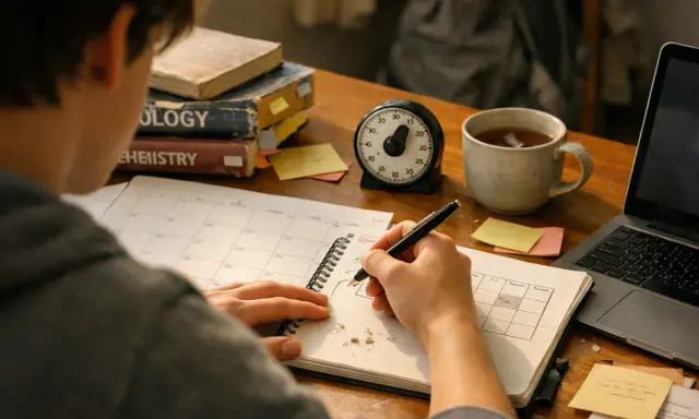 Estudiante planifica sus **trabajos mientras estudia**, rodeado de libros, un temporizador y una taza de té.