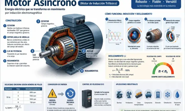 Motor asíncrono con rotor y estator, mostrando el campo magnético giratorio y la inducción. El deslizamiento es clave para el funcionamiento sincrono y asincrono.
