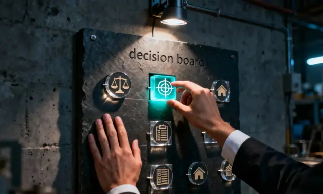Man interactúa con un panel de decisiones, seleccionando un objetivo. El panel, con íconos de justicia, hogar y documentos, parece un tablero de control de una software house.