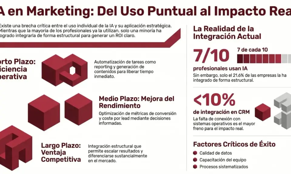 Infografía sobre IA en marketing: muestra la brecha entre uso individual y estructural en la **empresa ia**, destacando beneficios a corto, medio y largo plazo.