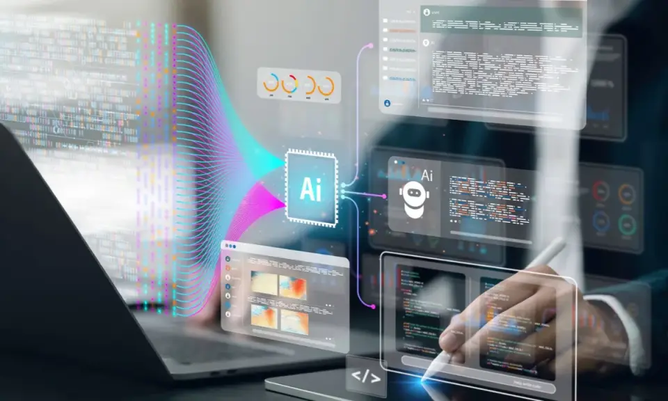 Un software architect diseña sistemas de IA, visualizando código y datos en pantallas holográficas.
