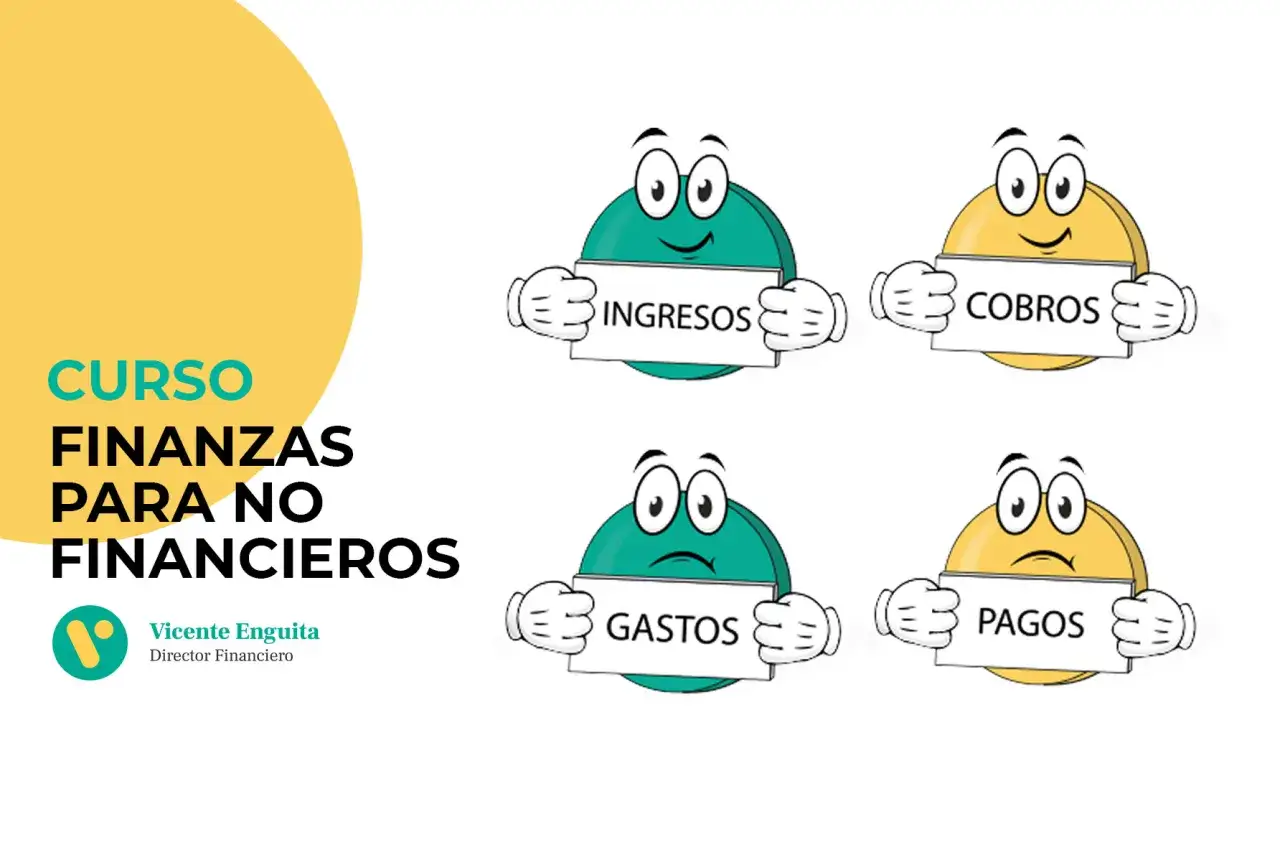 Curso de finanzas para no financieros. Personajes animados sostienen carteles: 