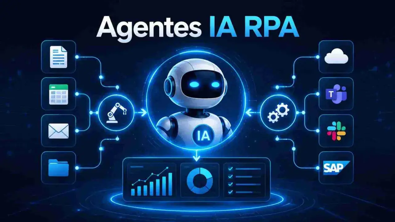 Agentes IA RPA optimizan la automatización del flujo de trabajo, conectando documentos, calendarios, correos y carpetas con herramientas como Teams, Slack y SAP.