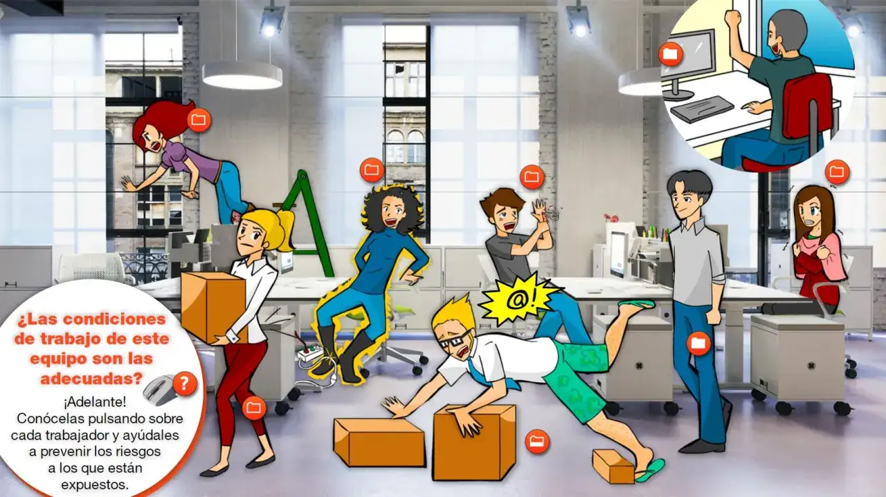 Ilustraci&oacute;n de un caos en la oficina, con personas tropezando, cayendo y lesion&aacute;ndose. Muestra las malas condiciones de trabajo y los riesgos en ntp lugares de trabajo.