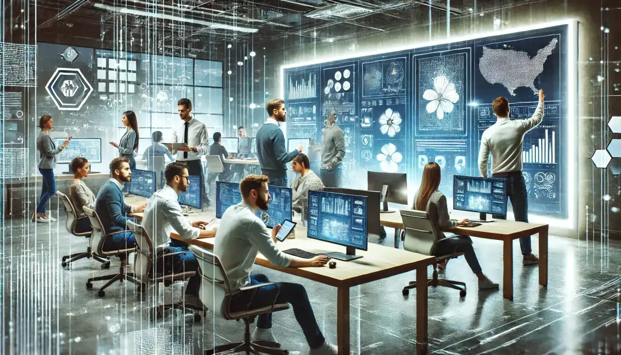 Equipo en oficina futurista, analizando datos en pantallas. Un l&iacute;der se&ntilde;ala un mapa de EE.UU. en una gran pantalla, demostrando competencia y liderazgo en un entorno de alta tecnolog&iacute;a.