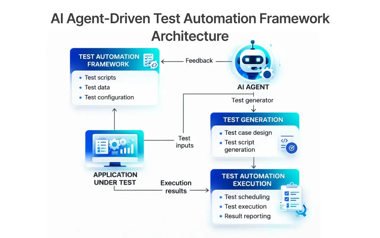 Diagrama de arquitectura de un marco de automatización de pruebas impulsado por IA. El AI Agent genera casos de prueba y scripts para el test de integración.